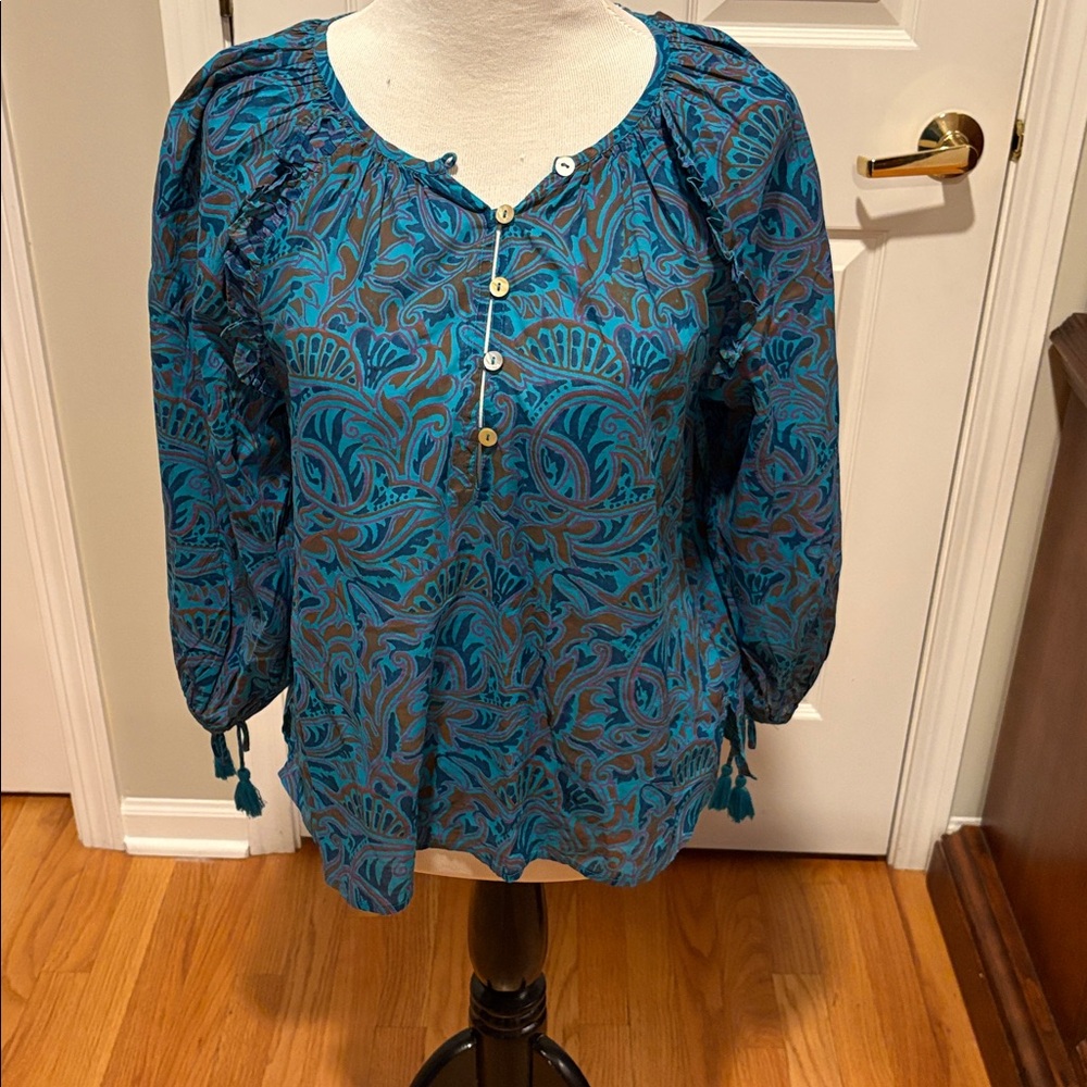 Cleobella | Blue and Brown Patterned Blouse, Sz M
